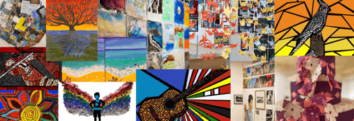 Student Exhibit Artwork in a collage in the Latino Arts Gallery