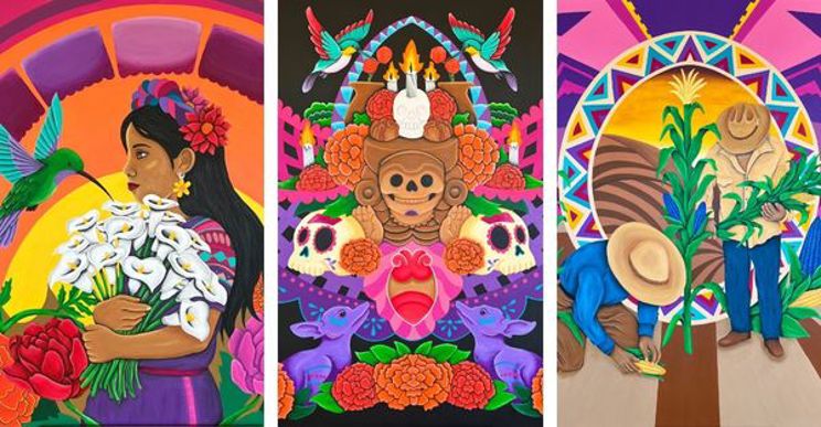 Three mixed media colorful pieces by Rodrigo Carapia