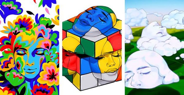 3 abstract mixed media pieces of faces by Whitney Salgado