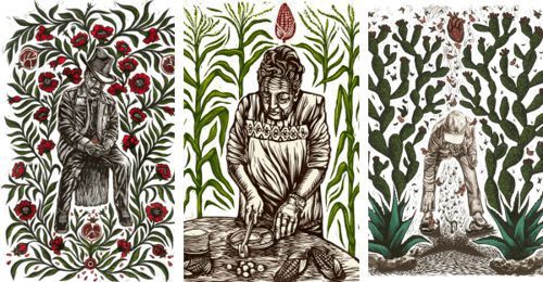 three images of workers in a field. art by christie tirado