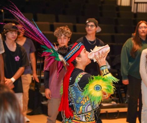 Students taking an Aztec Dance Workshop class at the Latino Arts Gallery